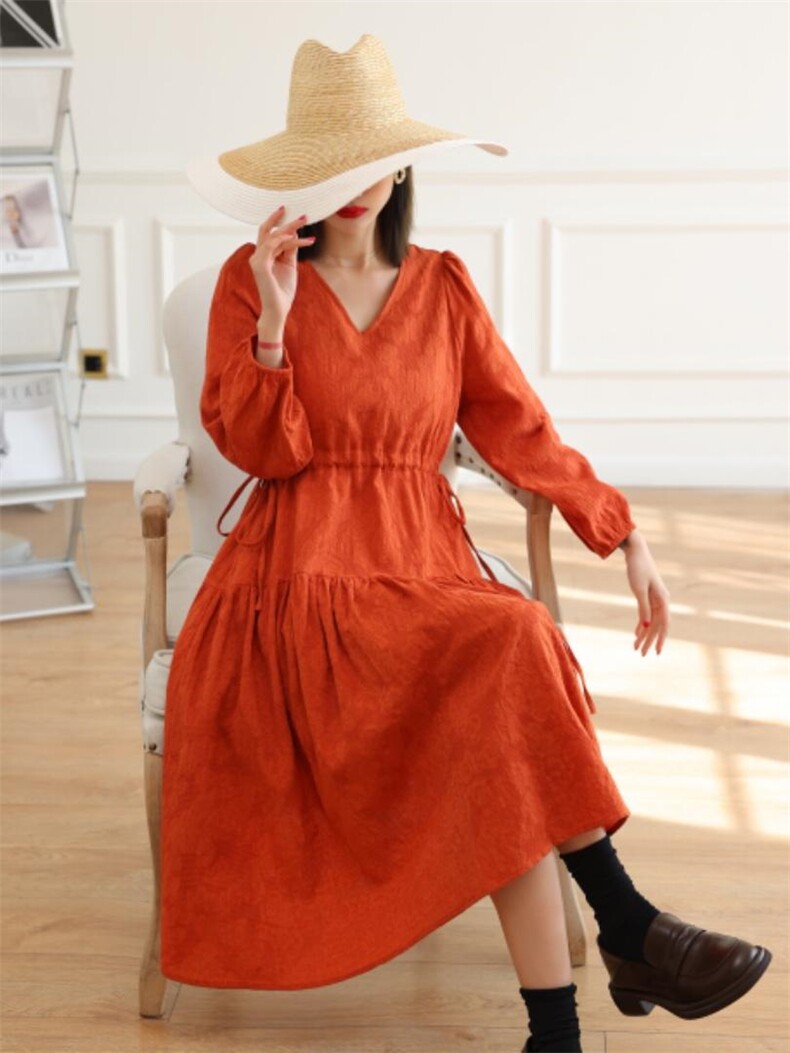 春季复古Ｖ领抽绳连衣裙，女装连衣裙，卓儿衣人