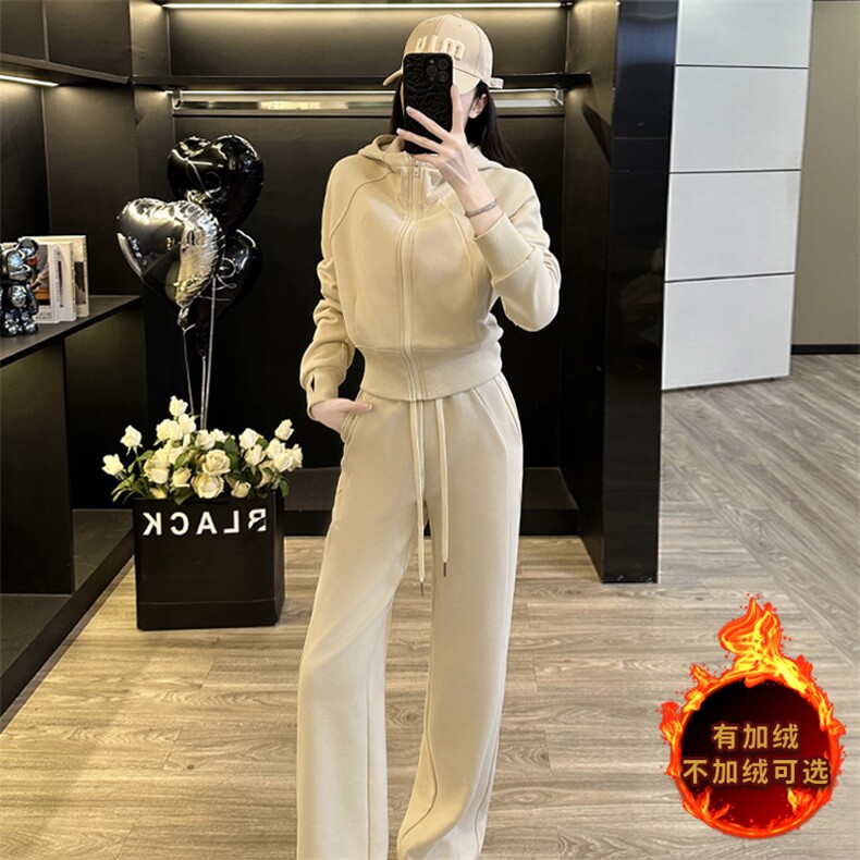 时尚显瘦加绒连帽卫衣阔腿裤两件套女冬季新款休闲套装,女装套装/套裙,江南
