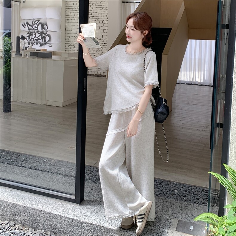 灰色设计感休闲套装女2025夏季新款法式气质流苏上衣阔腿裤两件套,女装套装/套裙,2C129