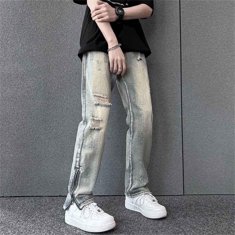 破洞牛仔裤男小众设计感欧美高街vibe潮牌拉链裤子男K3162-P42,男装牛仔裤,星座512-3