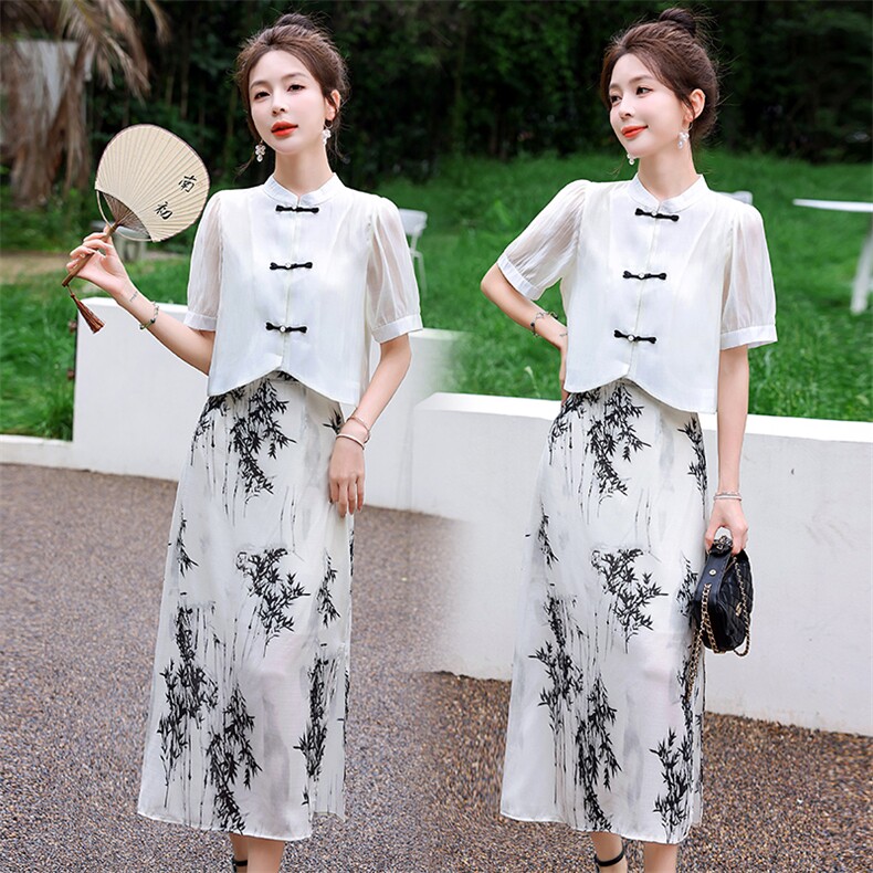 新中式连衣裙两件套夏2023新款气质高级感减龄改良旗袍套装裙现货，女装连衣裙，一安秀