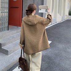两面穿格纹连帽毛呢外套女2025秋冬新款小个子宽松减龄呢子大衣潮，女装短外套，2C095