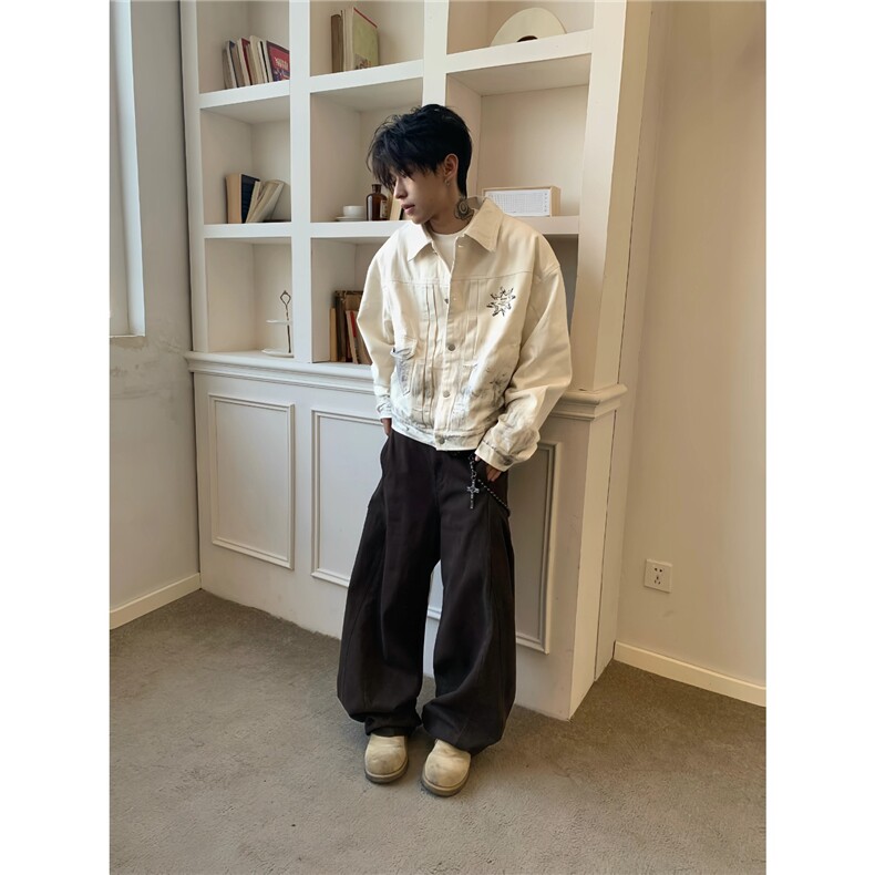 秋季新款美式做旧脏染复古翻领牛仔夹克印花宽松外套男女JK8971,男装工装外套,星座516A