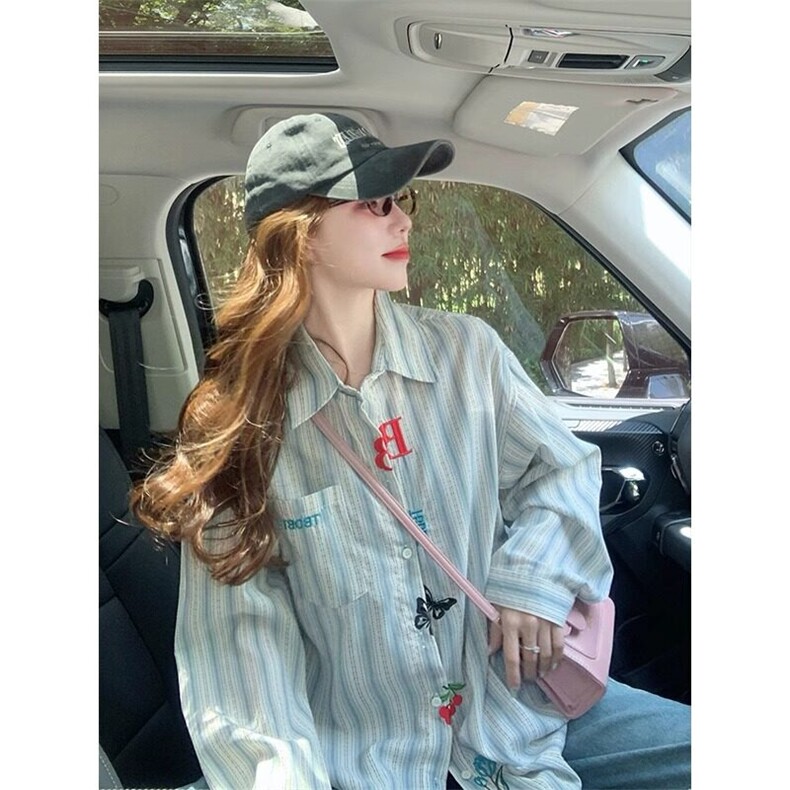 Q61/P47美式复古男女条纹衬衫刺绣长袖衬衣1,男装衬衫,星座1506