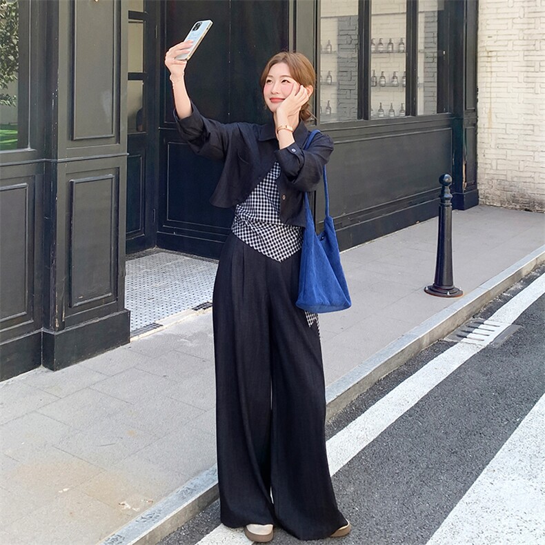 设计感宽松休闲淡人三件套女2025秋季减龄上衣格纹吊带阔腿裤套装,女装套装/套裙,欧黛芙妮