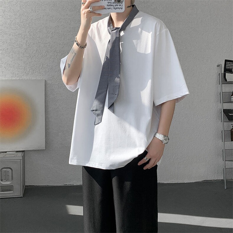 T10136-特批35控68新款小众夏季短袖撞色拼接双纱面料大码T恤,男装T恤,电商A059