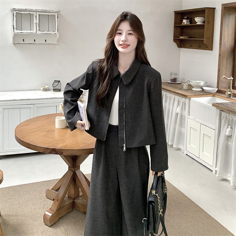 深灰色慵懒风简约套装女2025秋新款时尚翻领外套高腰阔腿裤两件套,女装套装/套裙,2C277