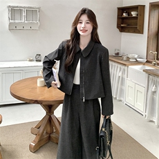 深灰色慵懒风简约套装女2025秋新款时尚翻领外套高腰阔腿裤两件套，女装套装/套裙，2C277