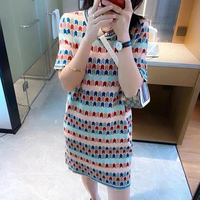欧洲站气质圆领冰丝针织连衣裙女2021年春夏新款拼色条纹T恤裙潮图片