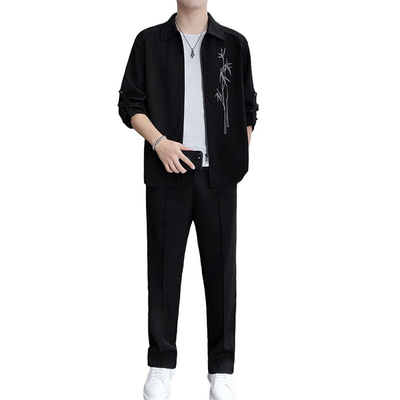 2025新款春季长袖套装长裤男士时尚两件套新中式刺绣-7727-P100,男装休闲套装,星座1105