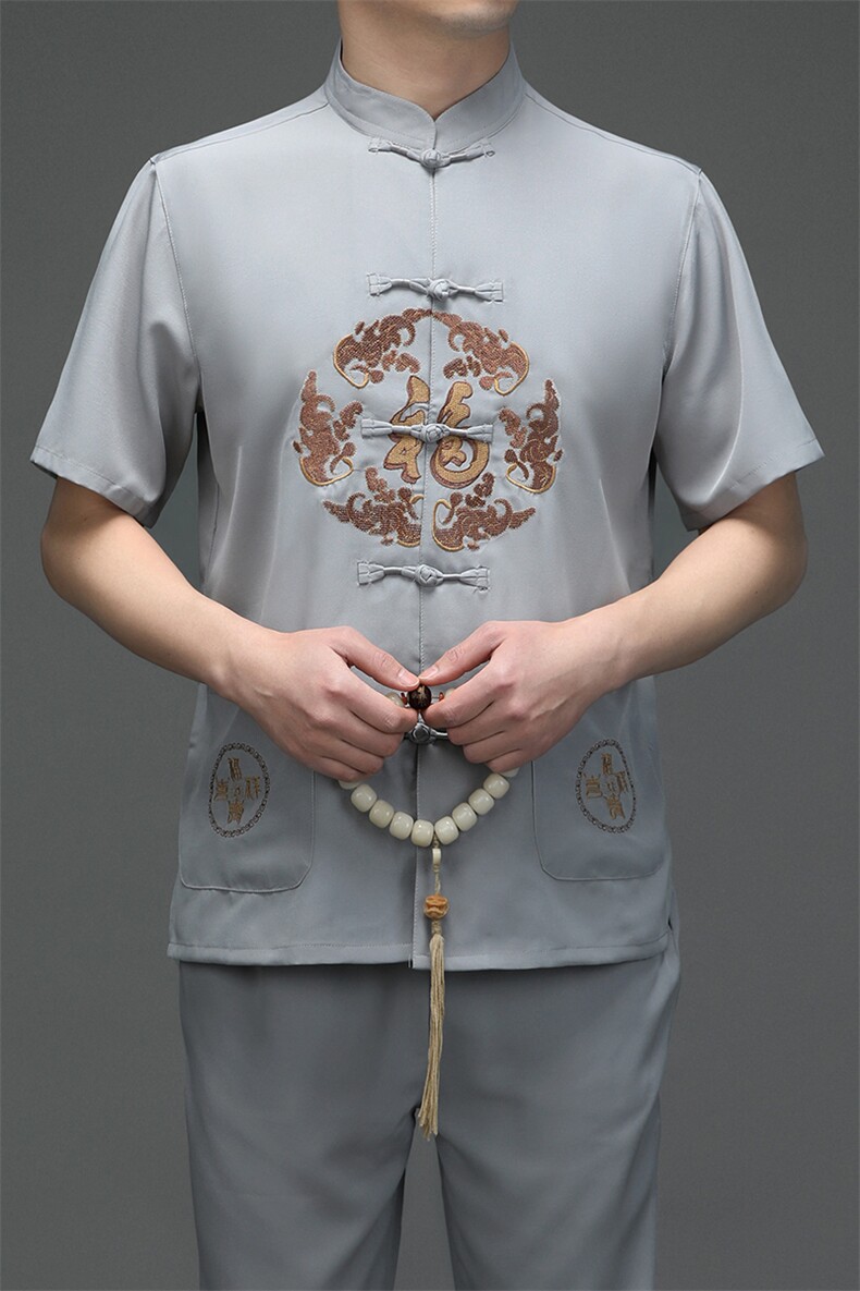 SQY2202男士春季两件套短袖套装中老年爸爸复古唐装风P90,男装民族服装,电商B360