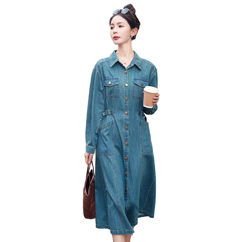 现货2023秋装新品牛仔风衣裙连衣裙女士韩版时尚修身气质,女装风衣,钱塘布衣