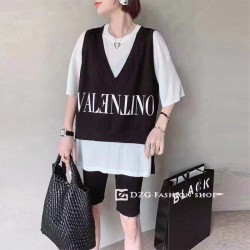 卓娃2023夏季欧洲站背心马甲中长款纯色短袖上衣两件套大码t恤女，女装T恤，潮品会