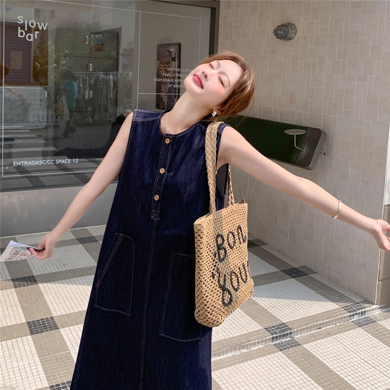设计感大口袋薄款牛仔背心裙女2025夏季新时尚韩系百搭淡人A字裙,女装连衣裙,2C239