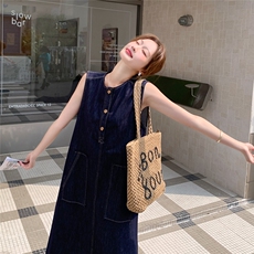 设计感大口袋薄款牛仔背心裙女2025夏季新时尚韩系百搭淡人A字裙，女装连衣裙，2C239