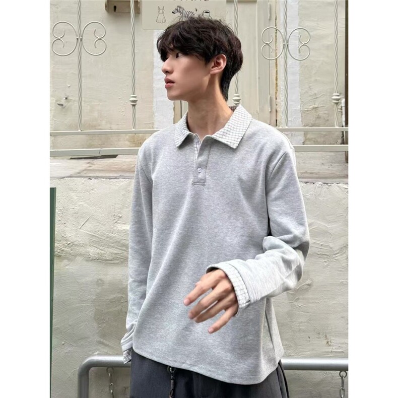 格纹防晒长袖男款重磅t恤cleanfit正肩polo衫老钱风穿搭TXB202图片