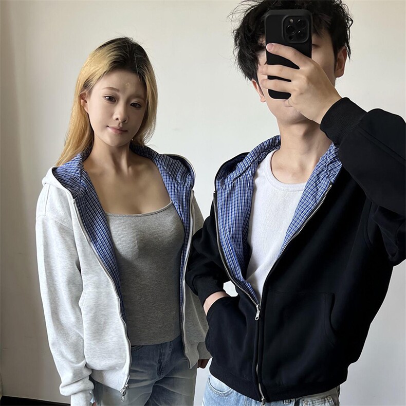 抖音得物高品质二开26春季美式潮牌两面穿连帽卫衣开衫男女外套,女装短外套,电商A486