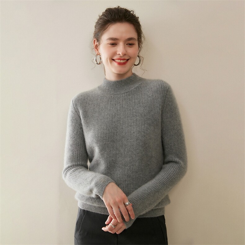 新款纯色半高圆领针织套头上衣时尚简约风,女装羊绒衫,首品羊绒