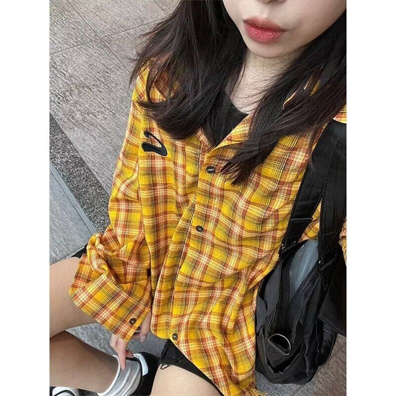 2025美式复古多巴胺黄色格子衬衫男女高街衬衣开衫长袖外套上衣,男装衬衫,星座506A