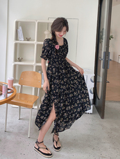 黑色茶歇法式碎花连衣裙女2025年夏季新款高级感收腰显瘦开叉长裙，女装连衣裙，浪娴服饰