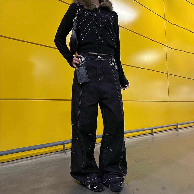 美式复古印花设计牛仔裤设计感男女秋冬复古百搭拖地裤NZX62,男装牛仔裤,星座516A