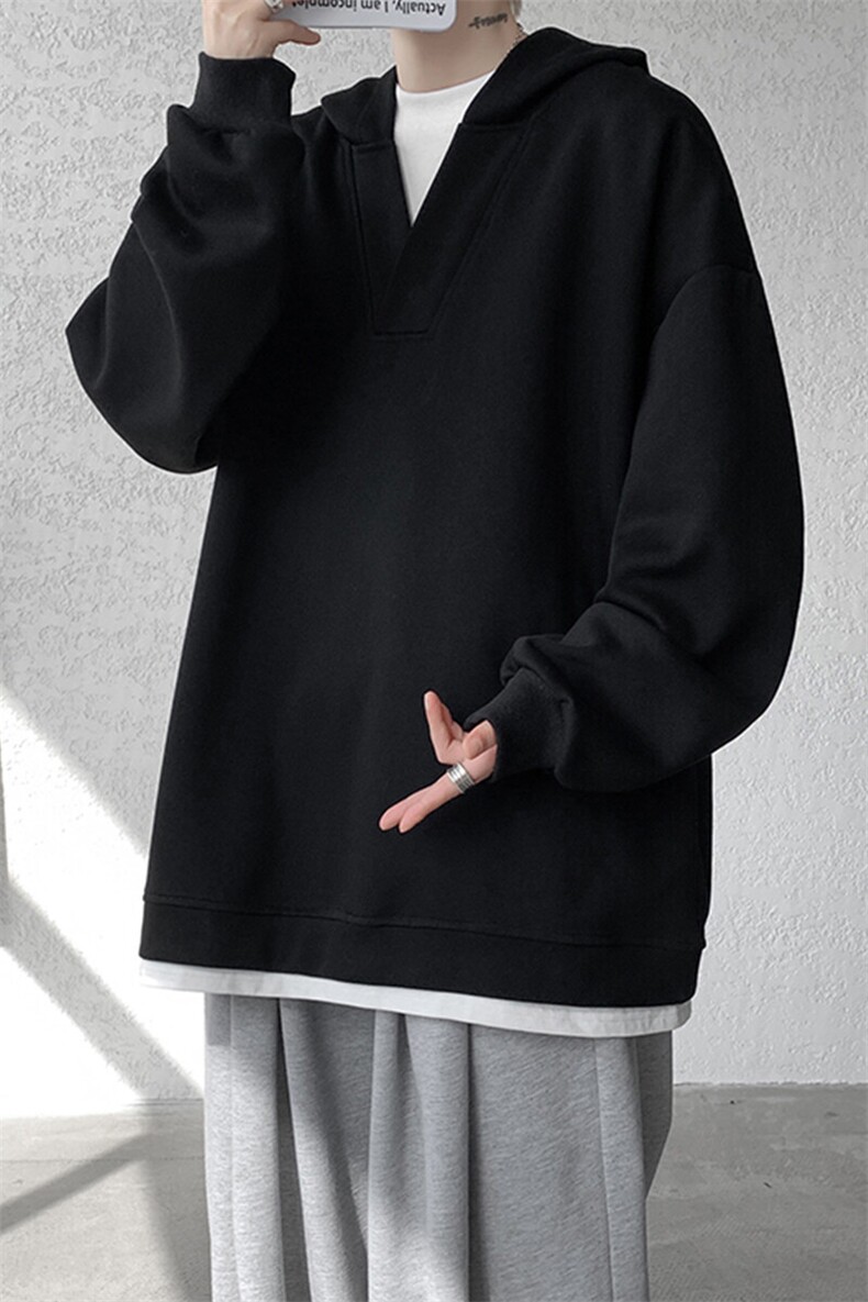 8XL-M叠穿假两件卫衣重磅连帽V领拼接套头衫宽松大码外套WY006P65,男装卫衣,电商B312