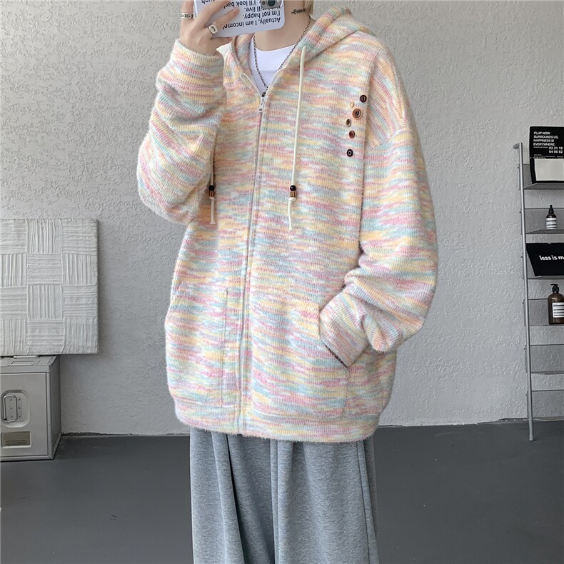 渐变彩虹连帽针织开衫卫衣大码软糯慵懒毛衣外套LS201-特P52-控98,男装针织衫/毛衣,电商B215