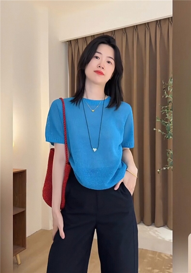 新款透气圆领正肩显瘦短袖针织衫,女装T恤,湘姗