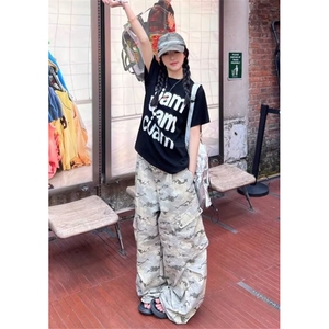 时尚新款慵懒迷彩工装裤长裤女宽松休闲裤女文艺气质 KN6095图片