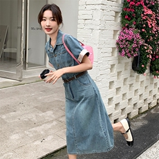 法式牛仔连衣裙女2024新款夏季长款小个子收腰女装a字裙子，女装连衣裙，纯色衣恋