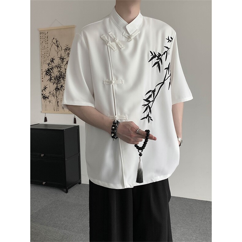 改良新中式万针刺绣竹子衬衫男短袖禅意立领盘扣衬衣CS1218P80图片