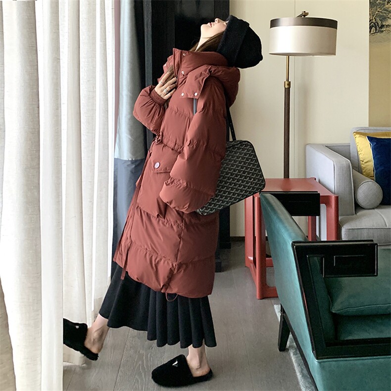 【新款现货】酒红色中长款时尚连帽款白鸭绒外套99808款P245K348,女装羽绒服,2C316