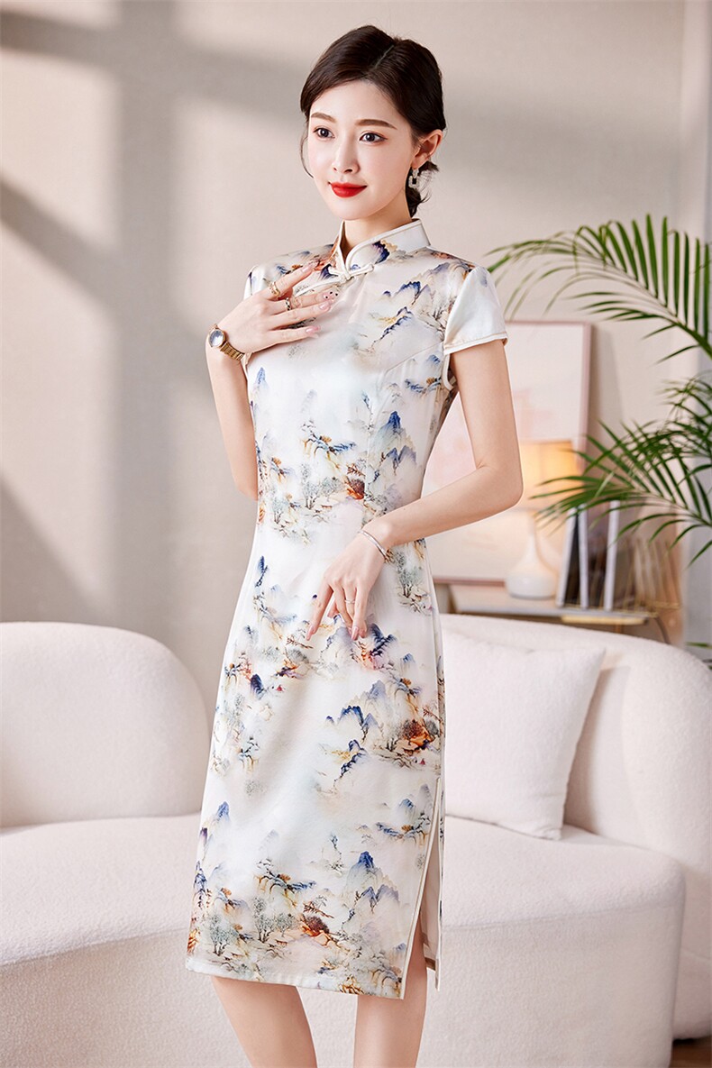 杭州原创桑蚕丝旗袍裙2023夏季新款复古风真丝盘扣连衣裙妈妈装,女装汉服/婚纱/旗袍/礼服,媚琳依坊