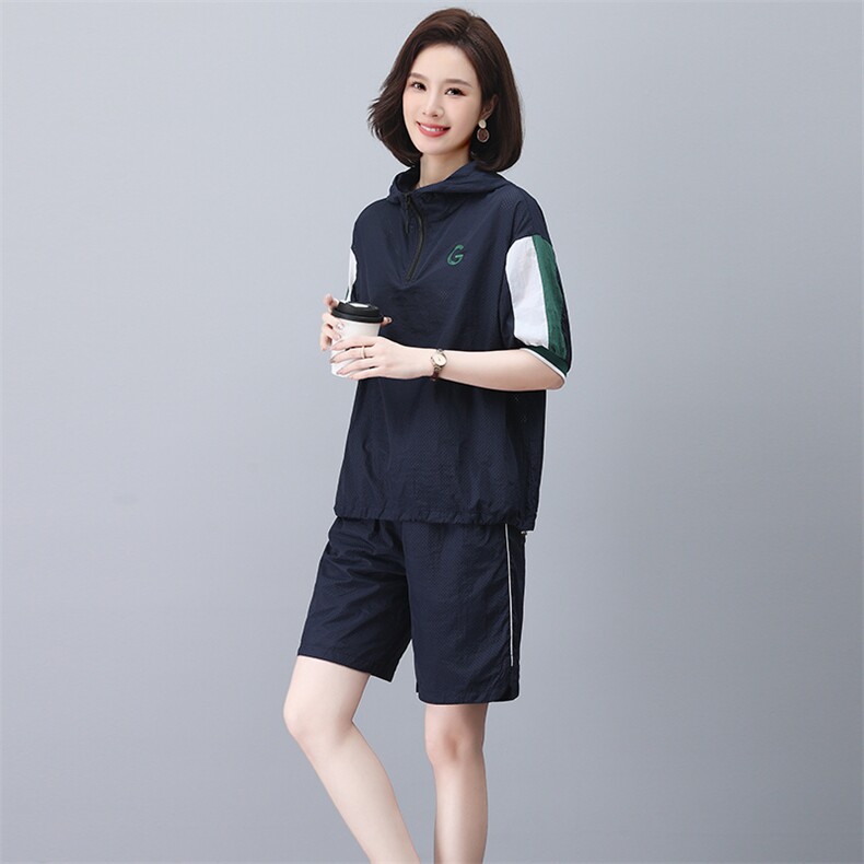 夏季短袖短款套装女2023新款洋气减龄连帽上衣宽松休闲时尚两件套,女装套装/套裙,忆绮罗