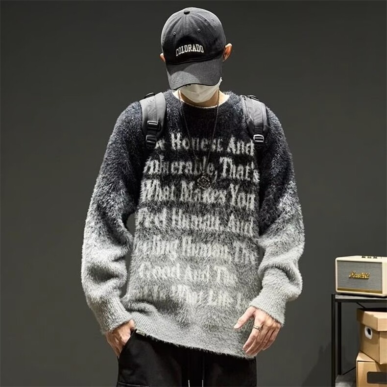 水貂毛设计感渐变针织衫男秋宽松软糯毛衣上衣条纹撞色MY228P56，男装针织衫/毛衣，星座1013-5