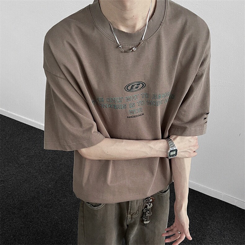 灰绿色字母印花小领口短袖T恤男宽松2026夏季新款半袖潮,男装T恤,星座914