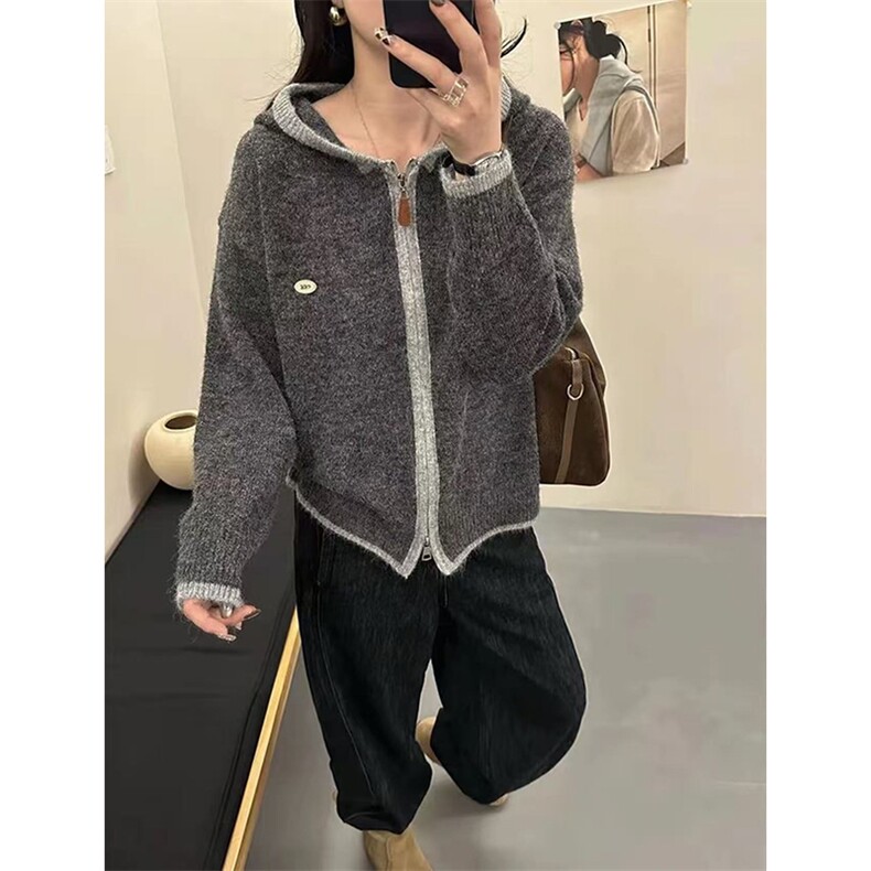 毛衣女极简风高领针织开衫女秋冬宽松大码毛衣外套短款上衣,针织衫/毛衣,暖姿羊绒