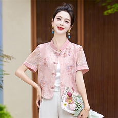 现货新中式盘扣刺绣防晒衣女夏2025新款气质立领唐装短袖薄款上衣，女装防晒衣，美静678