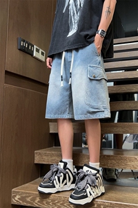 胖胖哥港风潮牌工装牛仔短裤男夏季大码宽松百搭潮流休闲运动裤图片