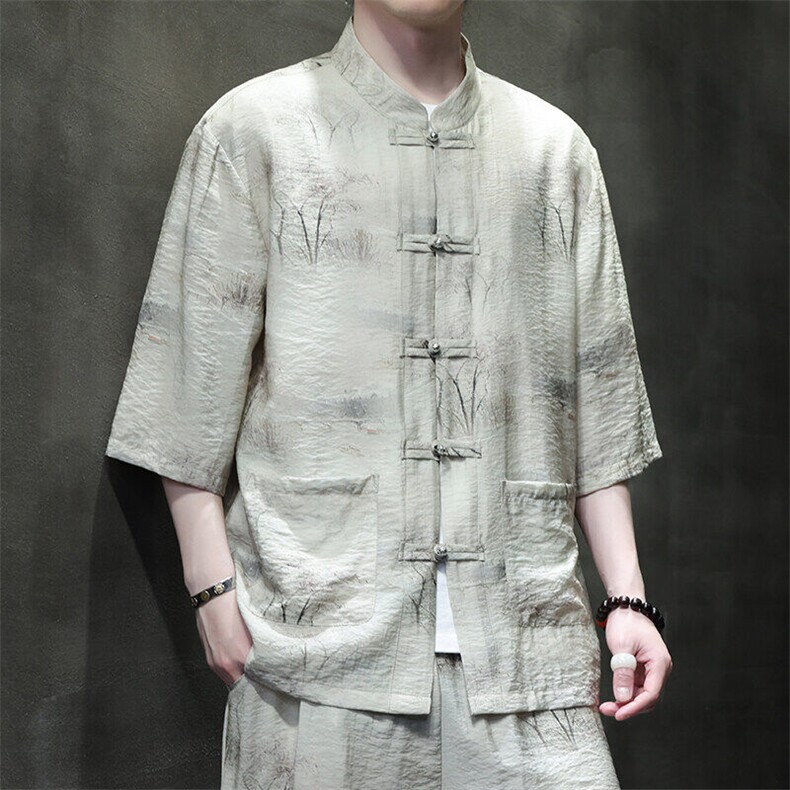 2025春季新款风男装盘扣新中式唐装书法印花衬衫C108-P50,男装衬衫,电商B277(原6028)