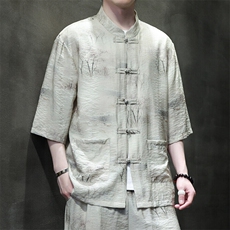 2025春季新款风男装盘扣新中式唐装书法印花衬衫C108-P50，男装衬衫，电商B277(原6028)