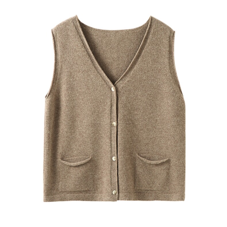 卷边v领羊毛马甲宽松针织衫带兜开衫背心无袖马夹坎肩，女装马甲，奥千羊绒