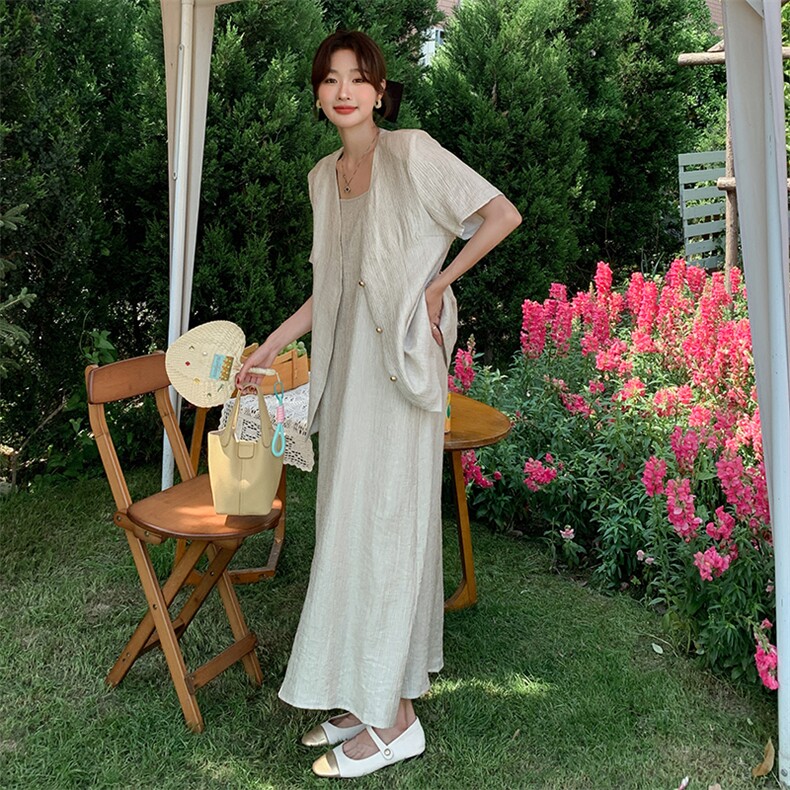 高级感轻熟风套装裙女2025夏季新款短袖外套吊带连衣裙气质两件套,女装套装/套裙,2C095