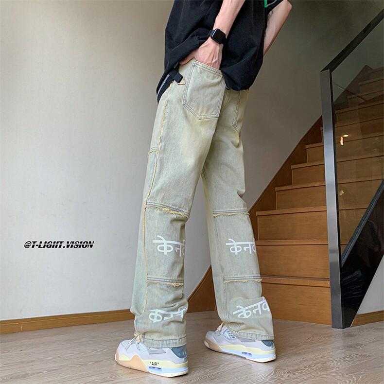 B221 美式ins高街暗黑小众毛边印花直筒牛仔裤 LK23108-P65 控88图片