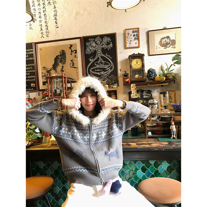 重磅北极绒座山雕毛衣外套冬美式复古休闲慵懒风大毛毛领针织开衫,男装针织衫/毛衣,电商A486-1