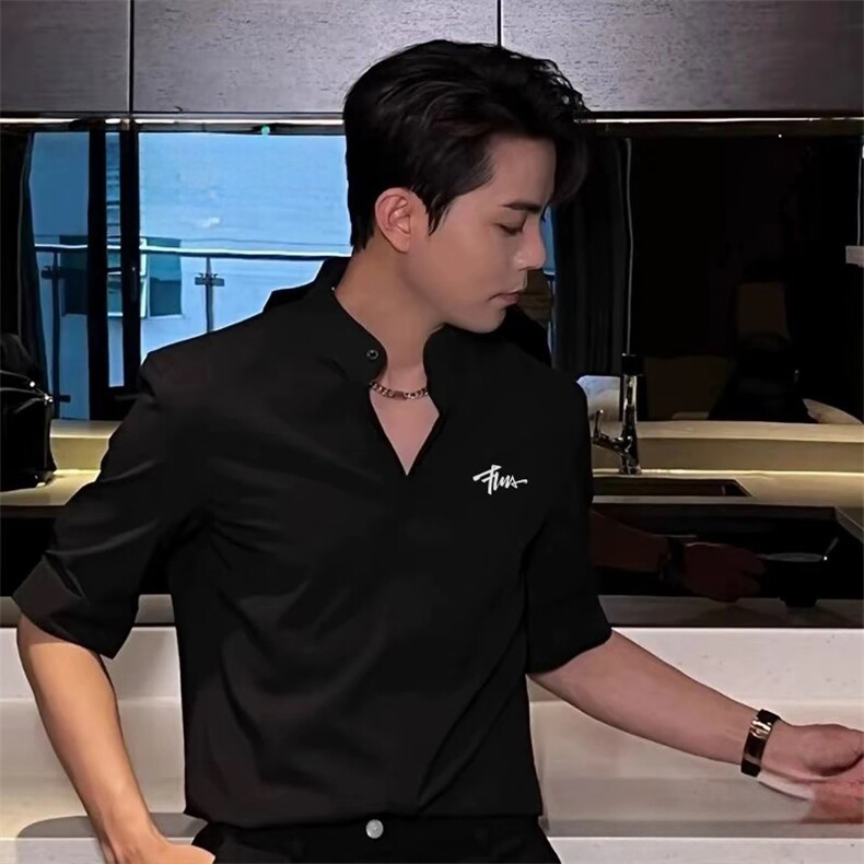 抖音得物高品质夏季冰丝休闲衬衫美式垂感宽松衬衫短袖ADT2101，男装T恤，电商A443