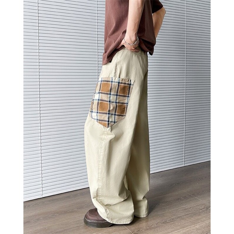 格纹口袋拼接弯刀工装裤男2025夏季新款潮牌痞帅宽松直筒休闲裤子，男装工装外套，星座813-2