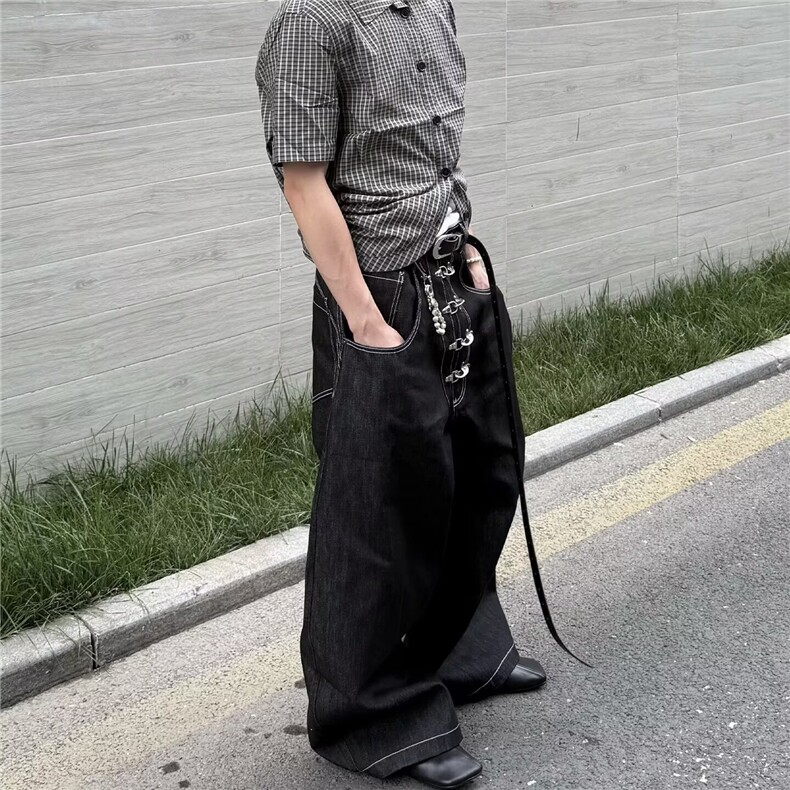 港风秋款男牛仔裤金属单排扣阔腿宽松长裤NK7045P58,男装牛仔裤,星座1013-1