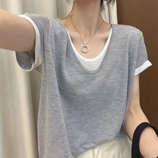 女士简约精纺羊毛假两件拼色短袖，女装T恤，唯若美羊绒