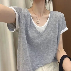 女士简约精纺羊毛假两件拼色短袖图片